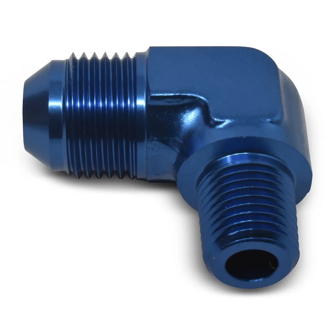 660880 – RUSSELL/EDEL Adapter Fitting, 90 Degree -10 AN To 1/2 Inch NPT Anodized Blue Aluminum Single